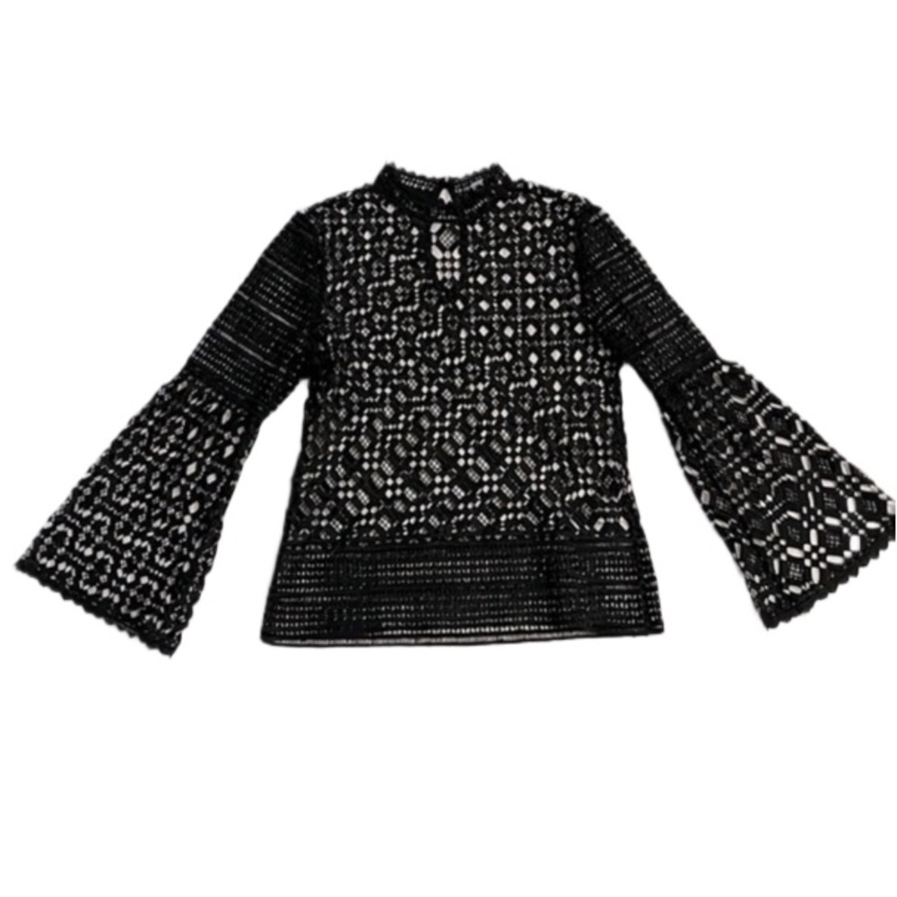 Crochet Lace Boho Top in Black With Bell Sleeves Honey & T size M